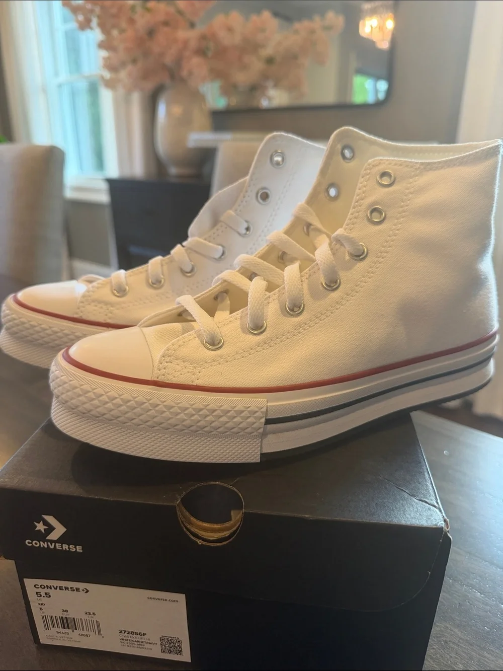 Converse White High-Top Sneakers with Red Midsole Stripe